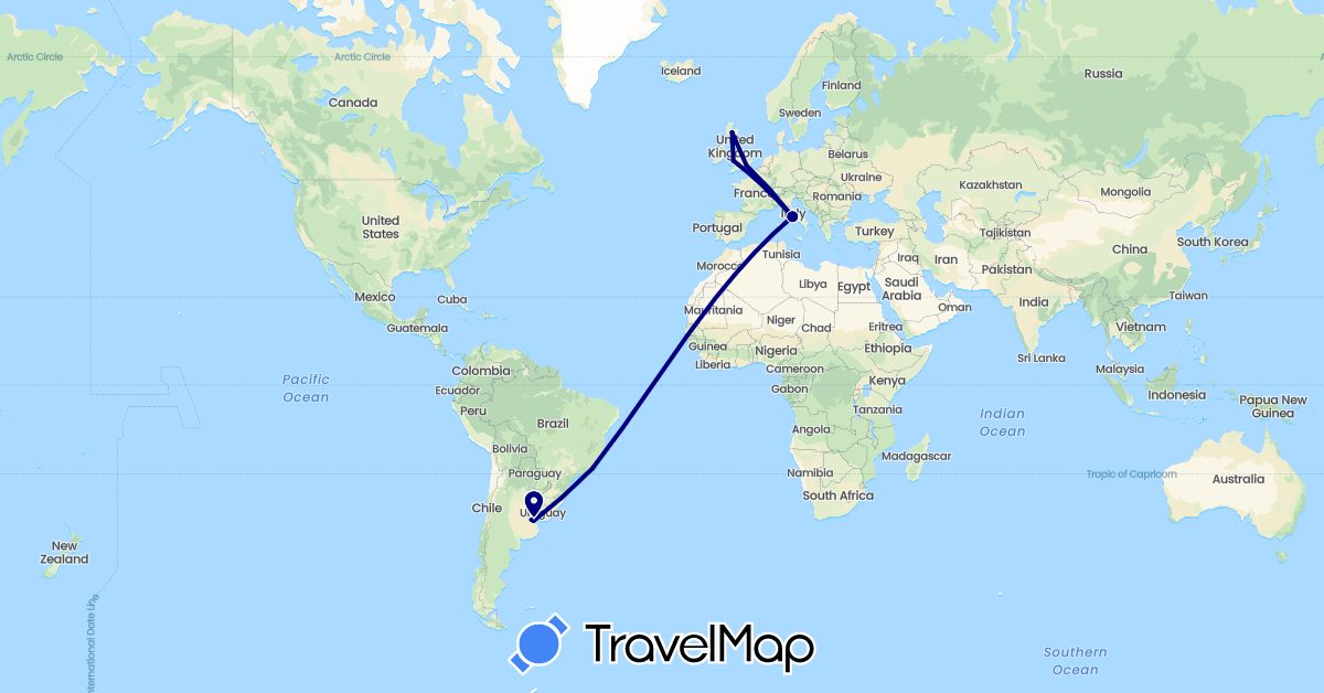 TravelMap itinerary: driving in Argentina, Brazil, United Kingdom, Italy, Vatican City (Europe, South America)